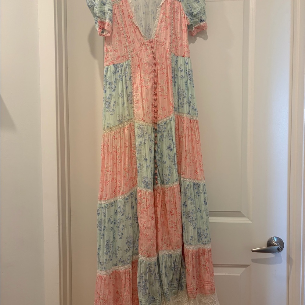 LoveShackFancy Pastel Patchwork Maxi Dress in Pink and Light Blue